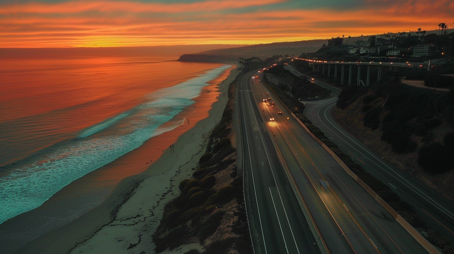Route 1 at sunset - coastal highway with ocean views